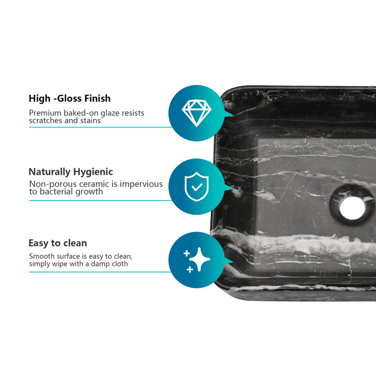 Black and Gray Marble Ceramic Rectangular Vessel Sink