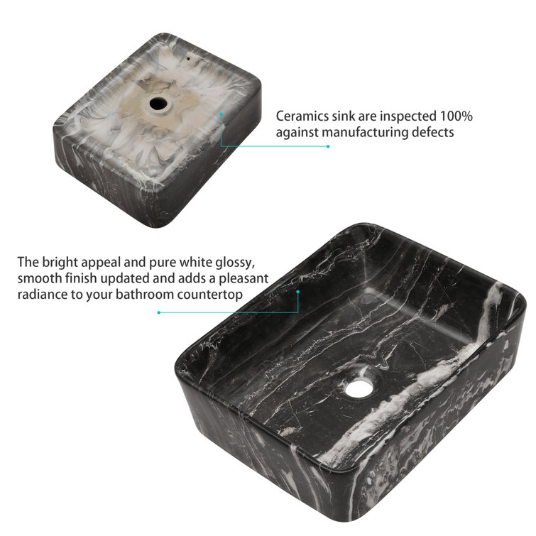 Black and Gray Marble Ceramic Rectangular Vessel Sink