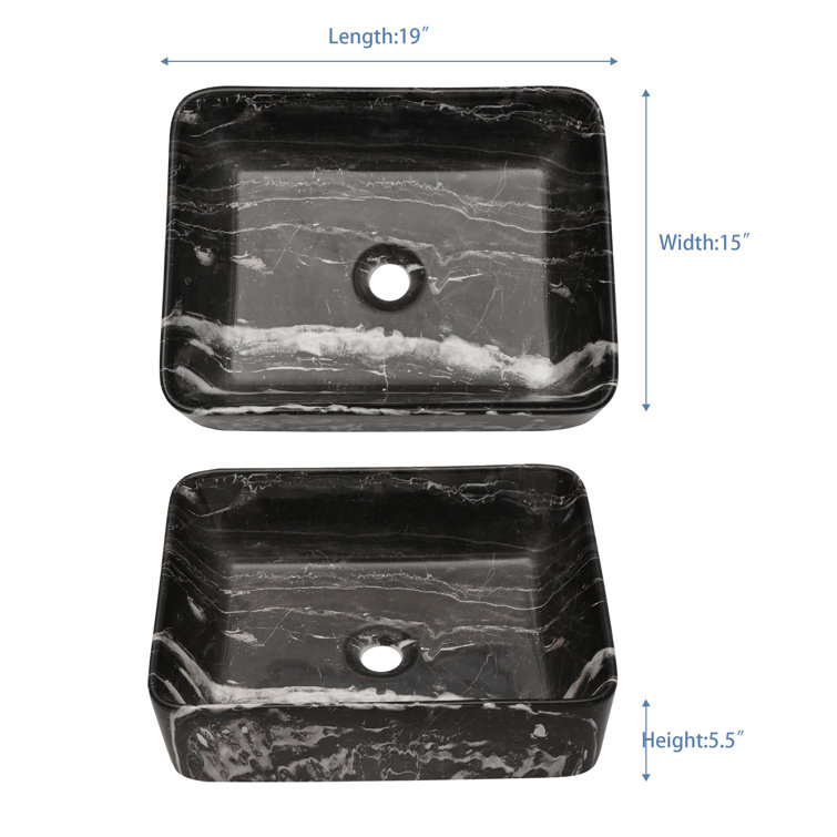 Black and Gray Marble Ceramic Rectangular Vessel Sink