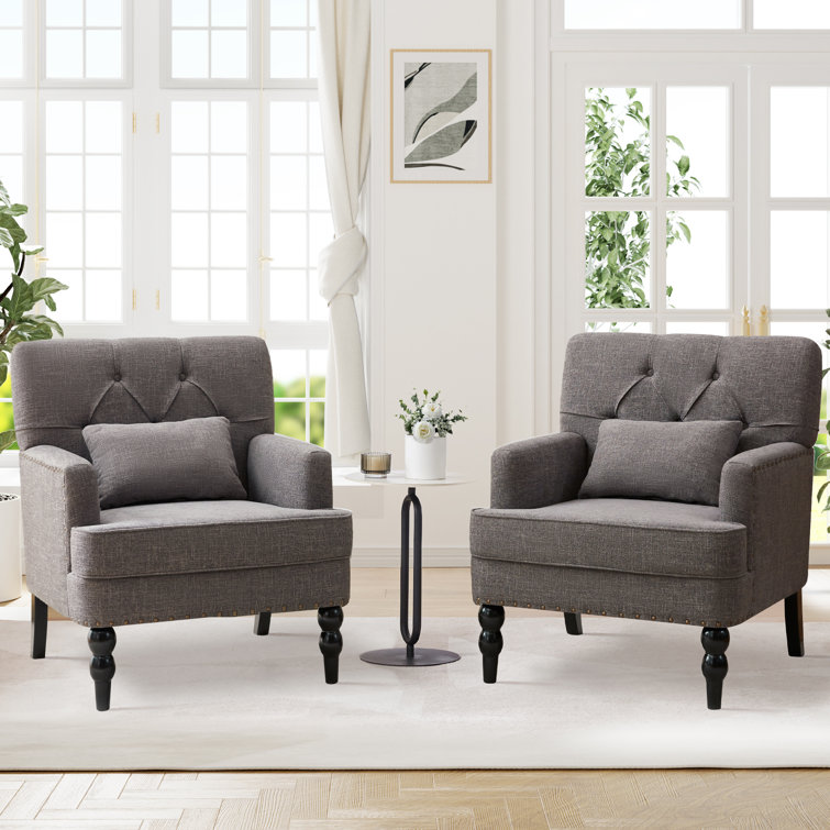 Gray Polyester Blend Tufted Armchair Set with Dark Wood Legs