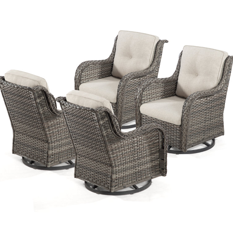 Beige Wicker Swivel Patio Chairs with Cushions, Set of 4