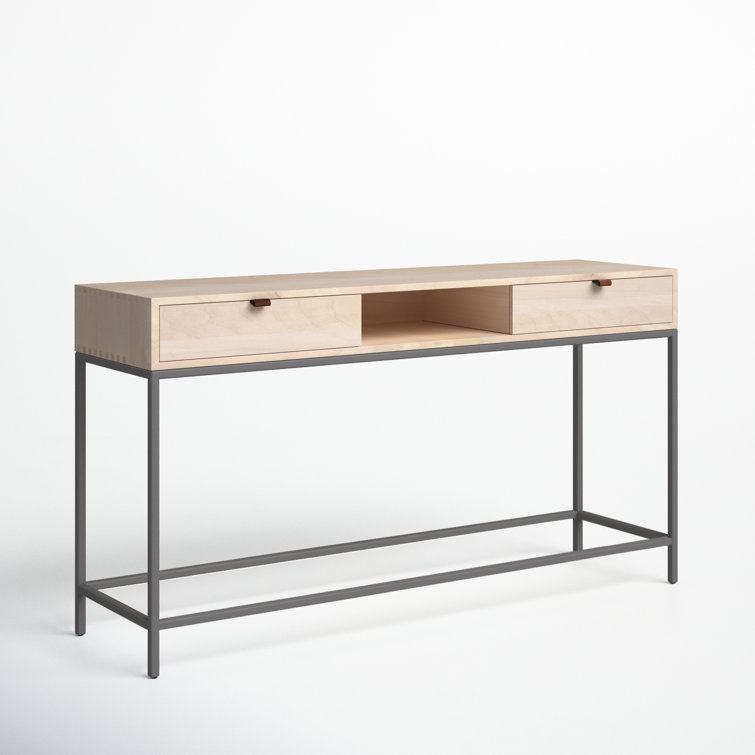 Mid-Century Modern Dove Poplar Console Table with Leather Pulls