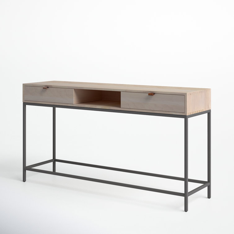 Mid-Century Modern Dove Poplar Console Table with Leather Pulls