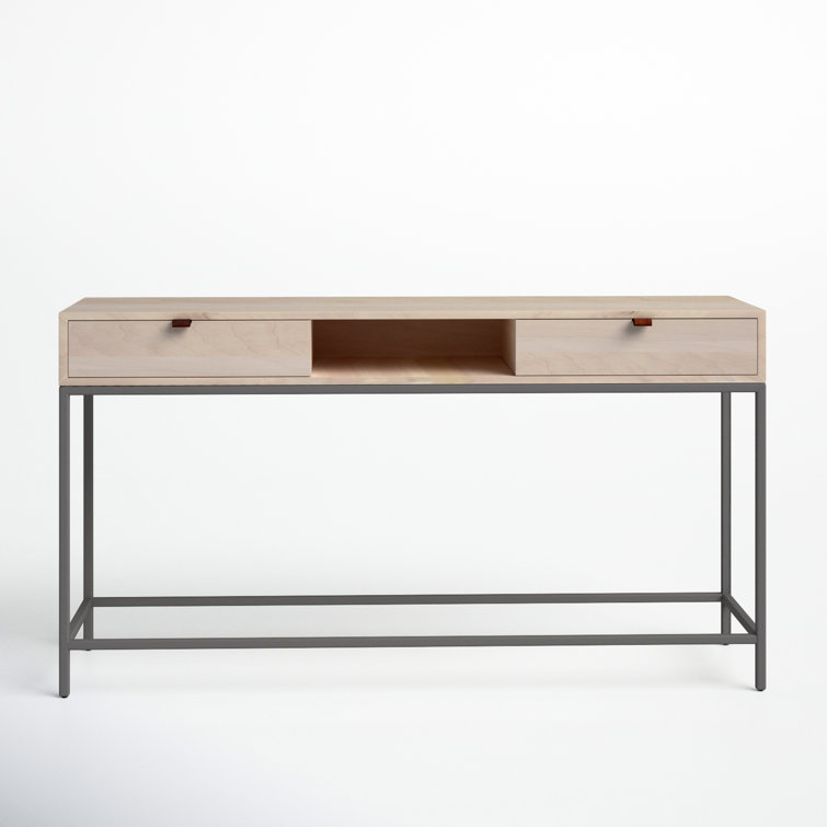 Mid-Century Modern Dove Poplar Console Table with Leather Pulls