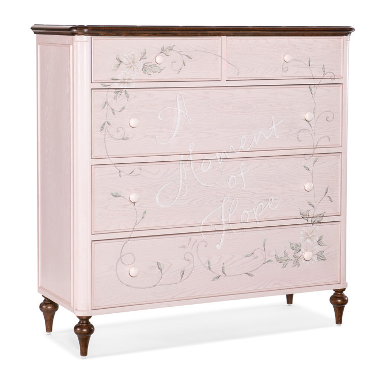 Pink and Brown Solid Wood 5-Drawer Chest with Floral Detailing