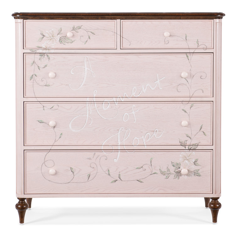 Pink and Brown Solid Wood 5-Drawer Chest with Floral Detailing