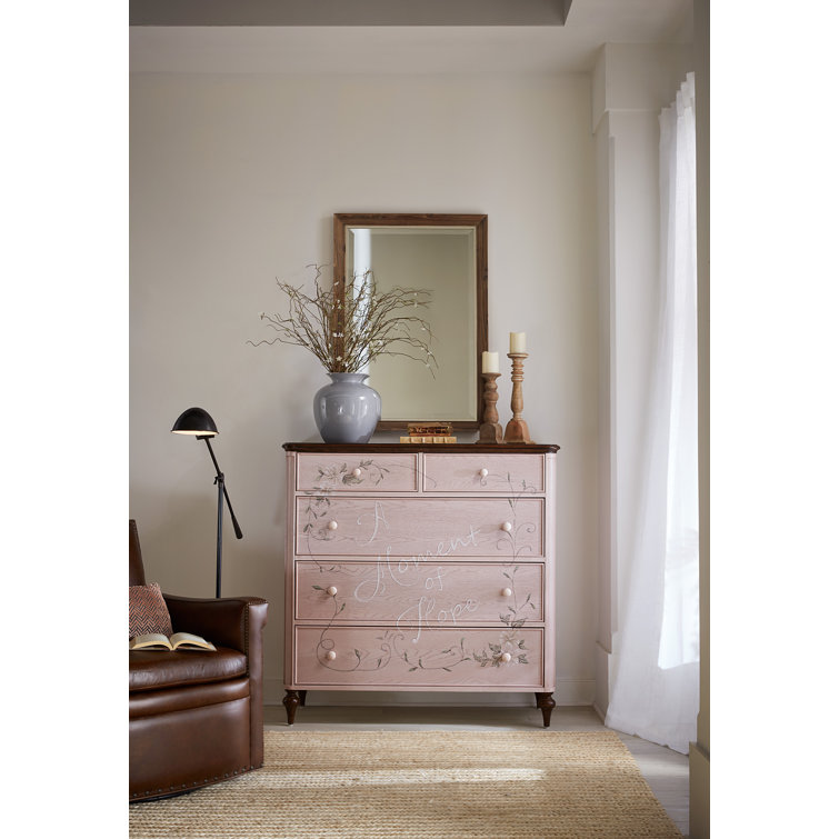 Pink and Brown Solid Wood 5-Drawer Chest with Floral Detailing