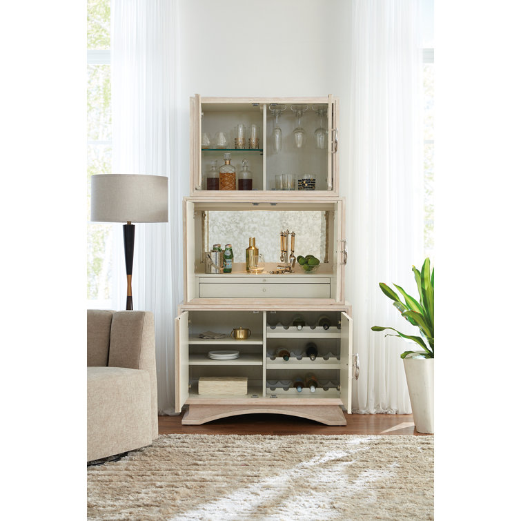 Cream Oak Veneer Transitional Bar Cabinet with Mirror