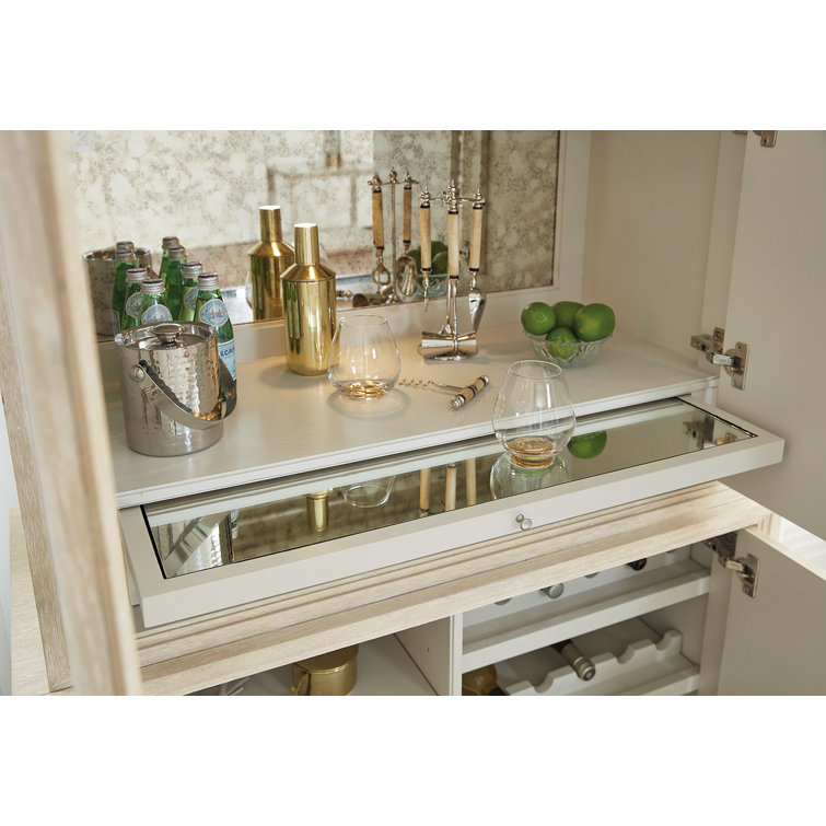 Cream Oak Veneer Transitional Bar Cabinet with Mirror