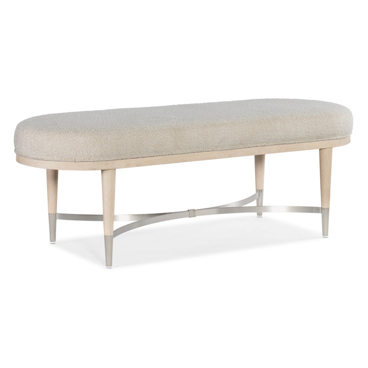 Beige Upholstered Bench with Oak Veneers and Metal Accents