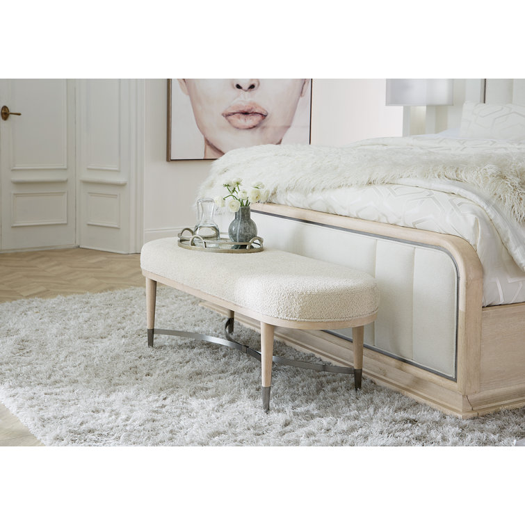 Beige Upholstered Bench with Oak Veneers and Metal Accents