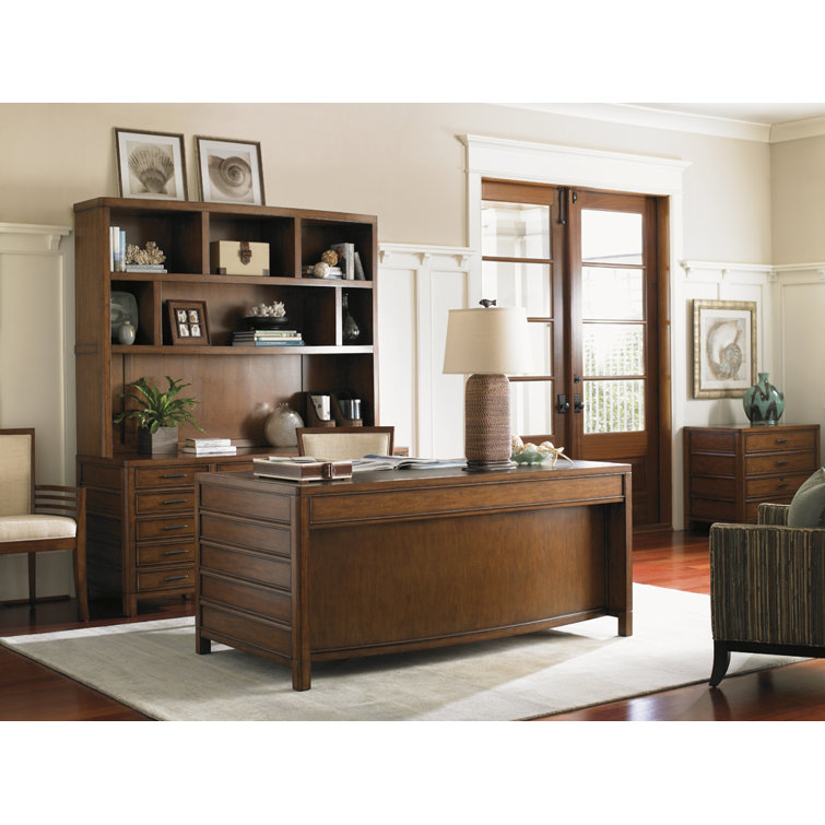 Transitional Brown Hickory Home Office Desk with Leather Top