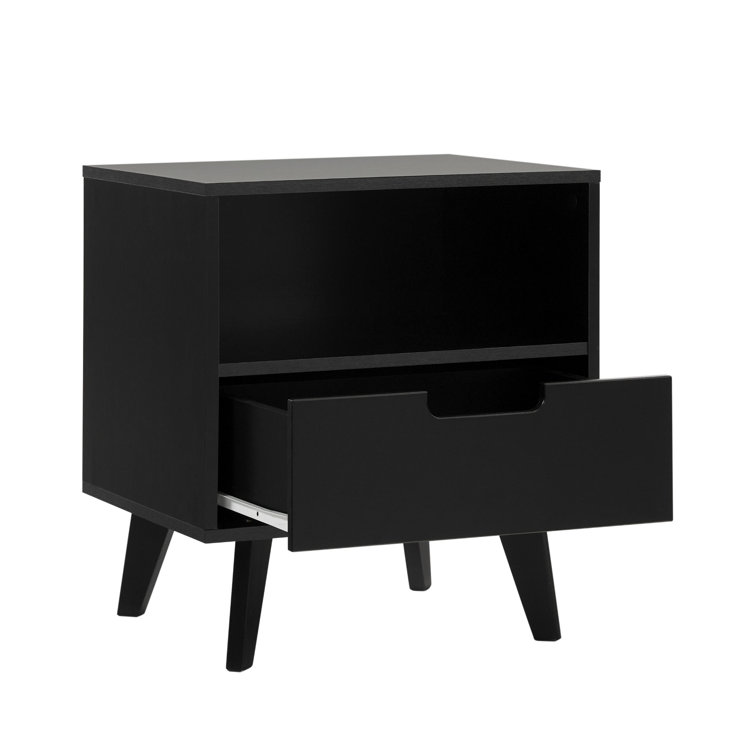 Black MDF 1-Drawer Nightstand with Open Cubby