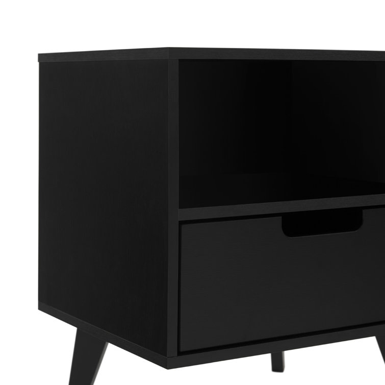 Black MDF 1-Drawer Nightstand with Open Cubby