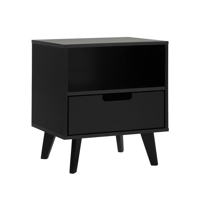Black MDF 1-Drawer Nightstand with Open Cubby