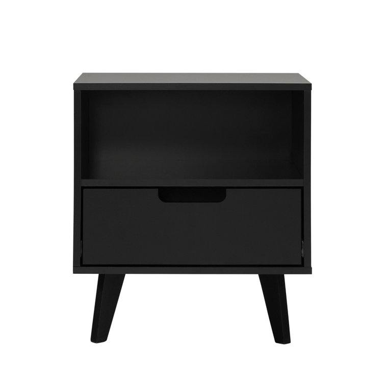 Black MDF 1-Drawer Nightstand with Open Cubby