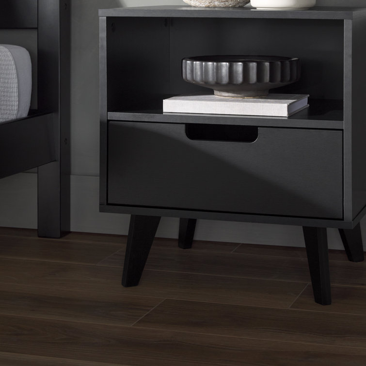 Black MDF 1-Drawer Nightstand with Open Cubby