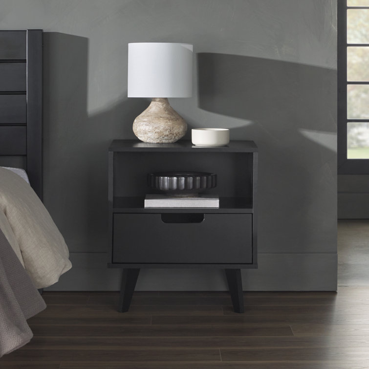 Black MDF 1-Drawer Nightstand with Open Cubby