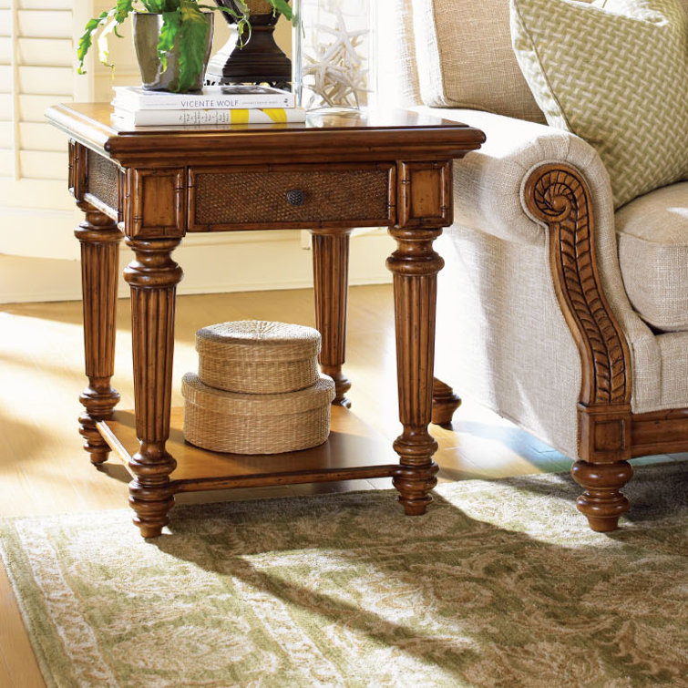 Traditional Brown Wood and Rattan Square End Table with Drawer