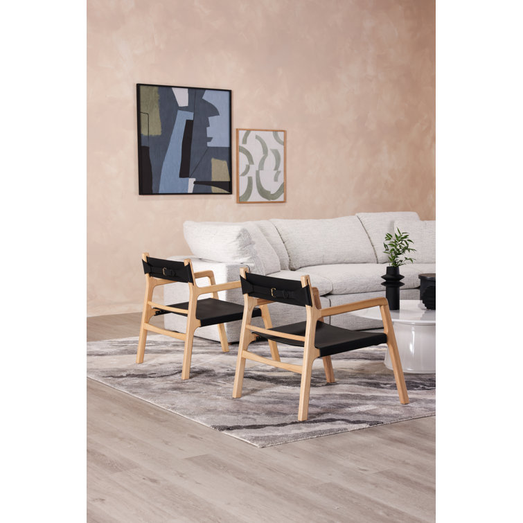 Minimalist Beige Leather and Ash Wood Accent Chair