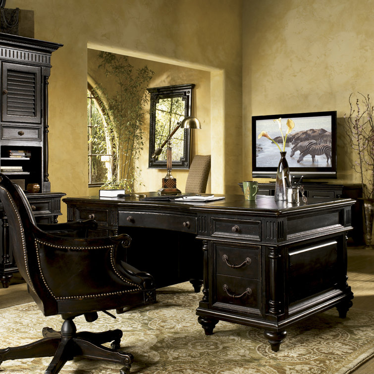 Traditional Black-Brown Executive Desk with 7 Drawers and Filing Cabinet