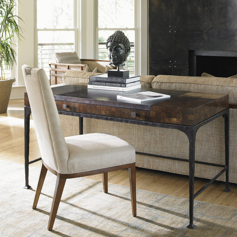 Beige Upholstered Wood Transitional Side Chair with Gold Accents