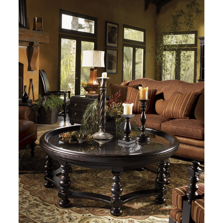 Traditional British Colonial 55" Round Wood & Glass Cocktail Table with Storage