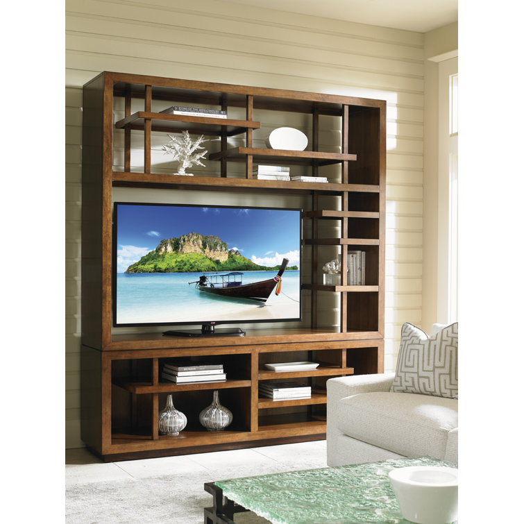 Transitional Brown Wood Media Bookcase with Asymmetrical Shelves