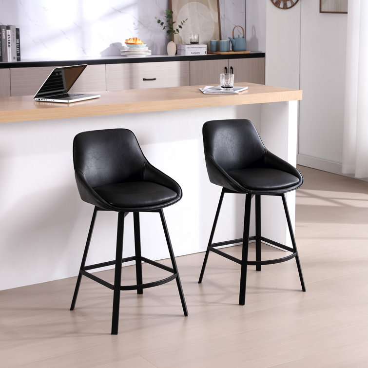 Black Faux Leather Swivel Counter Stools with Steel Legs, Set of 2
