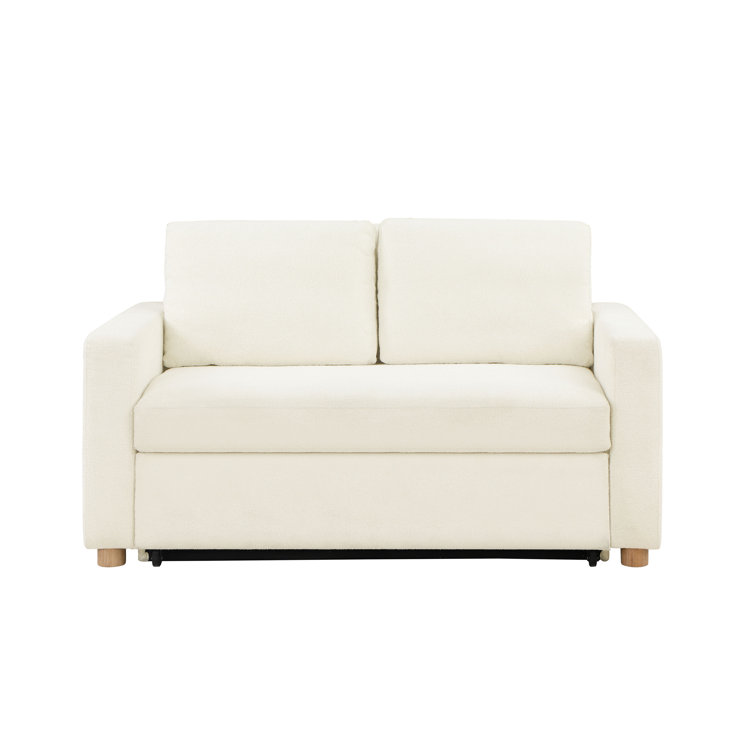 Ivory Boucle Full Size Convertible Sleeper Sofa with Wood Legs