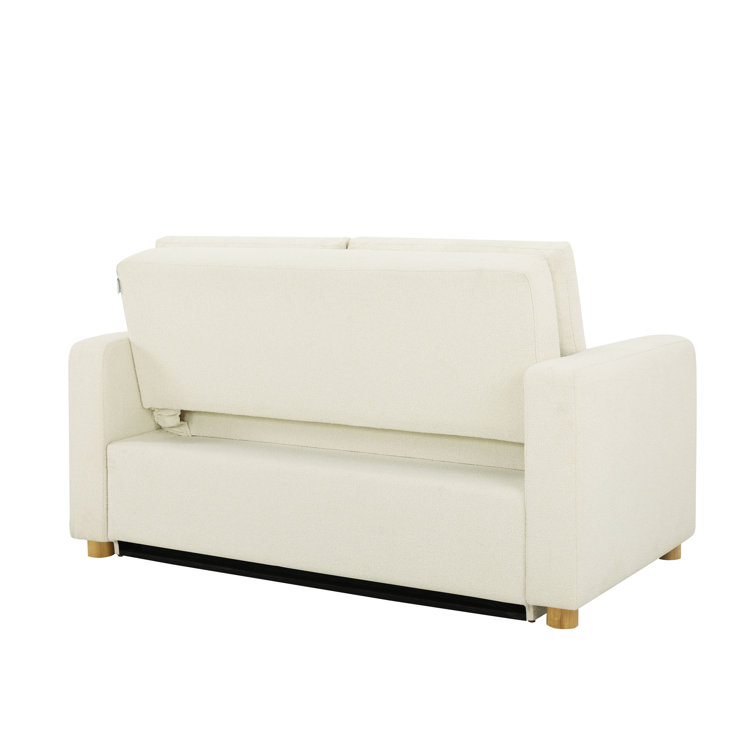 Ivory Boucle Full Size Convertible Sleeper Sofa with Wood Legs