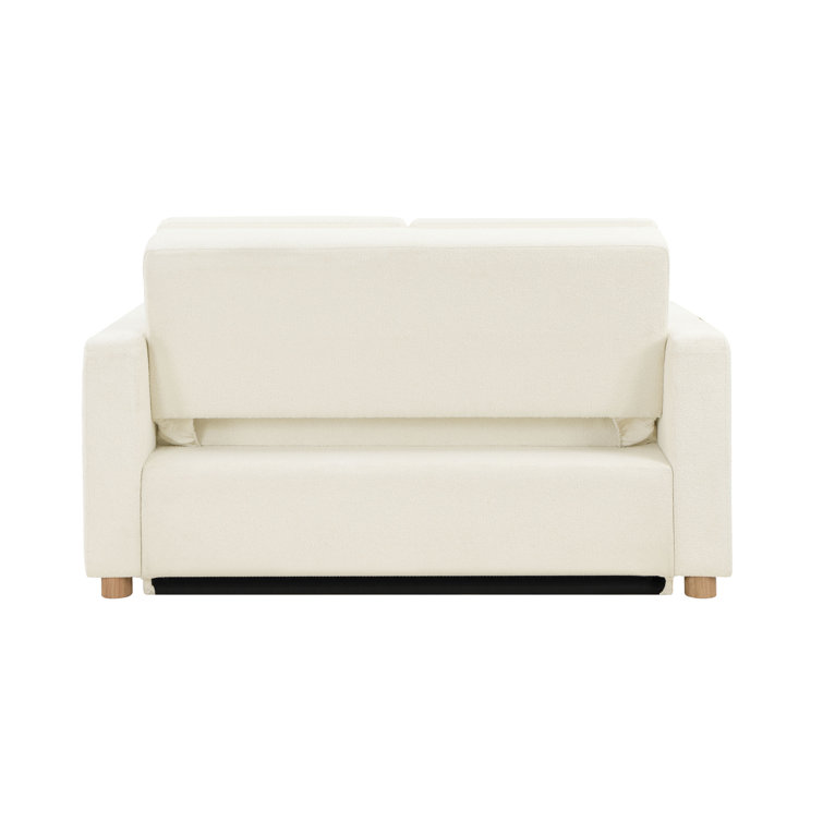Ivory Boucle Full Size Convertible Sleeper Sofa with Wood Legs