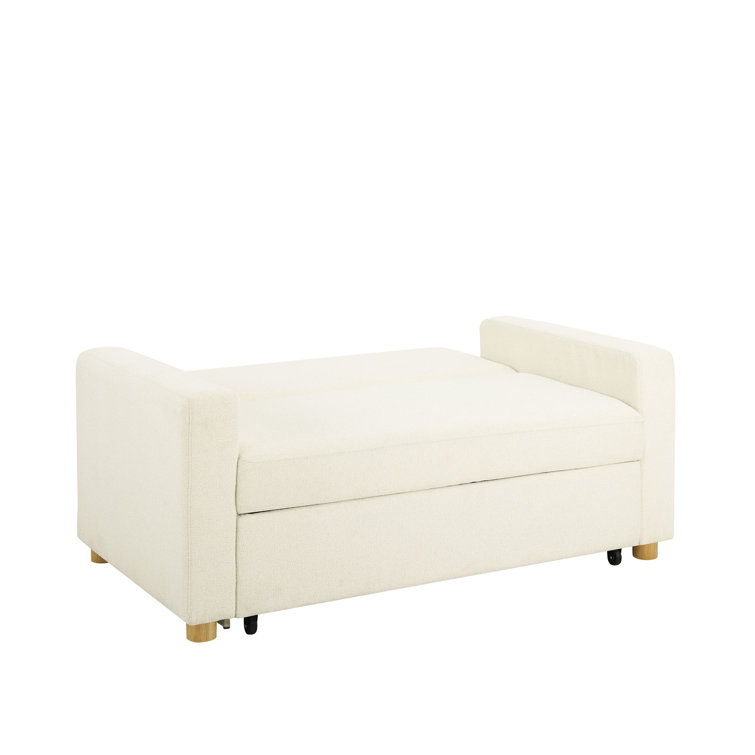 Ivory Boucle Full Size Convertible Sleeper Sofa with Wood Legs