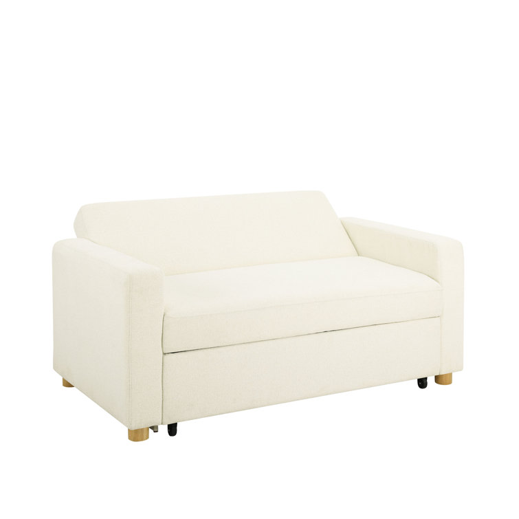 Ivory Boucle Full Size Convertible Sleeper Sofa with Wood Legs