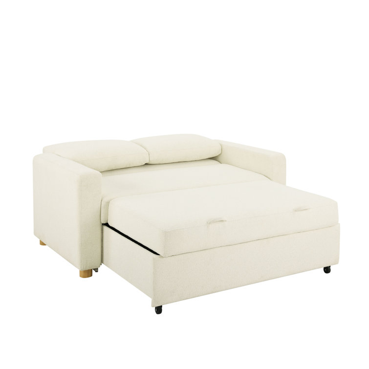 Ivory Boucle Full Size Convertible Sleeper Sofa with Wood Legs