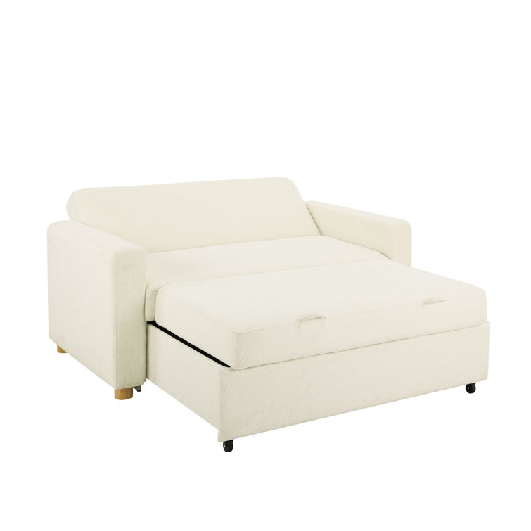 Ivory Boucle Full Size Convertible Sleeper Sofa with Wood Legs