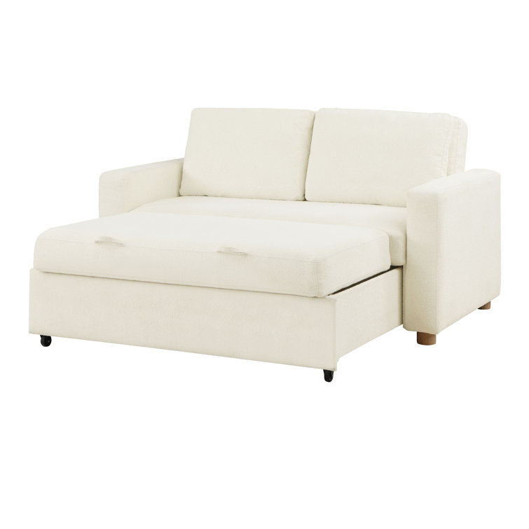 Ivory Boucle Full Size Convertible Sleeper Sofa with Wood Legs