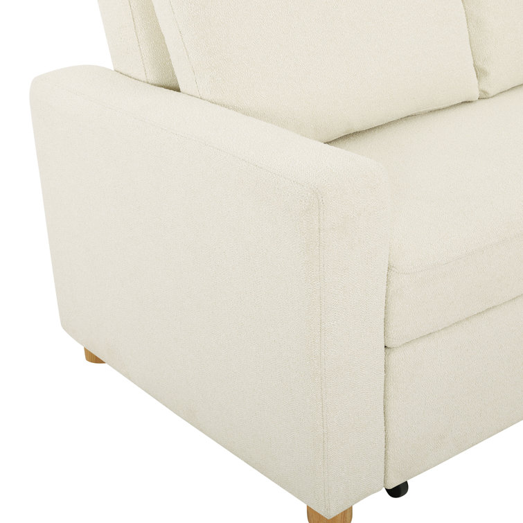 Ivory Boucle Full Size Convertible Sleeper Sofa with Wood Legs