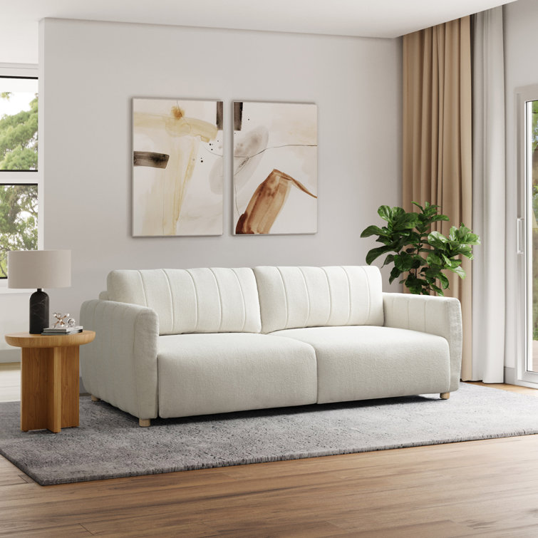 Ivory Boucle Tufted Queen Convertible Sleeper Sofa