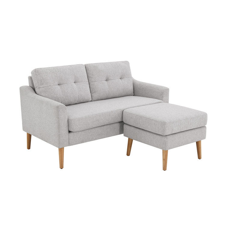 Light Gray Tufted Fabric Loveseat with Ottoman and Wood Legs