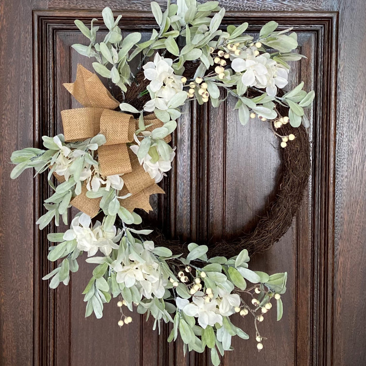 Crescent Grapevine Hydrangea Wreath with Burlap Bow - 28''