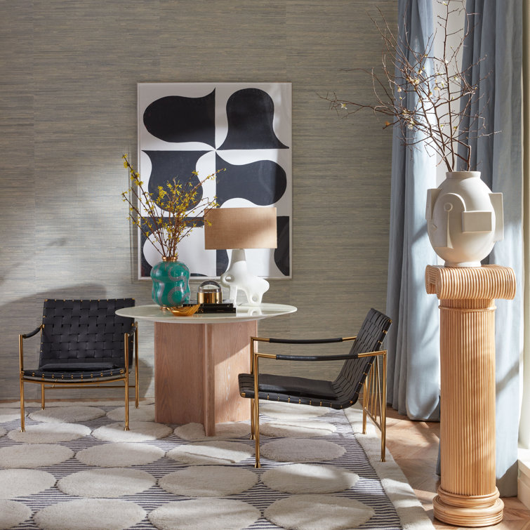 Round White Marble and Oak Dining Table for Six