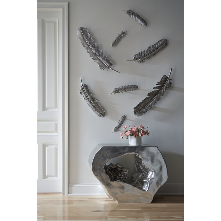 Large Silver Leaf Feather Wall Art Set, 35"