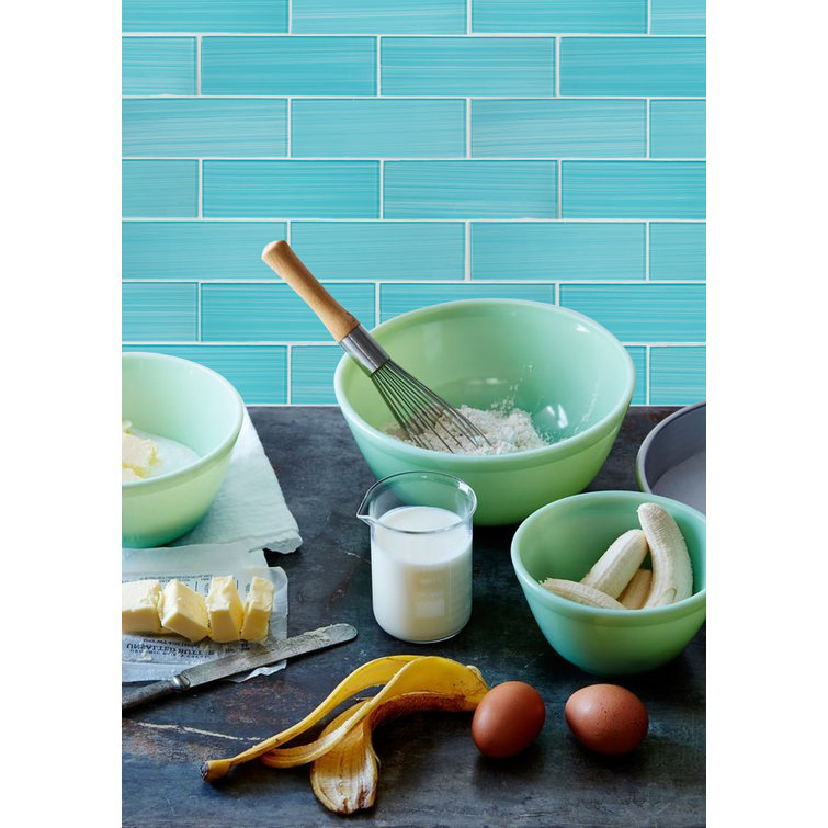 Aqua Blue Hand Painted Polished Glass Subway Wall Tile