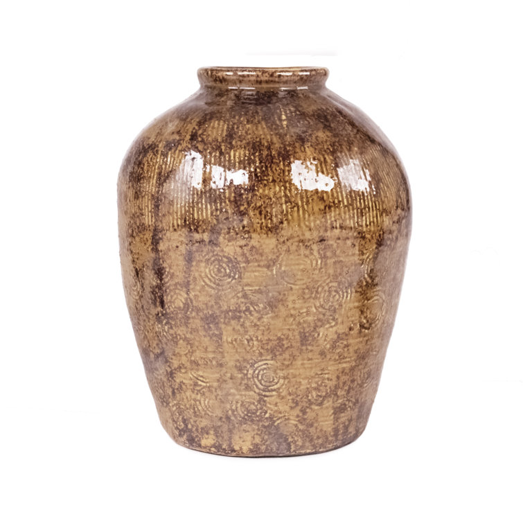 Semi-Glazed Brown Ceramic Decorative Table Urn Vase