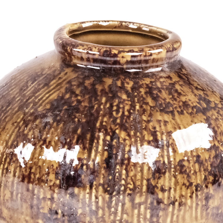 Semi-Glazed Brown Ceramic Decorative Table Urn Vase