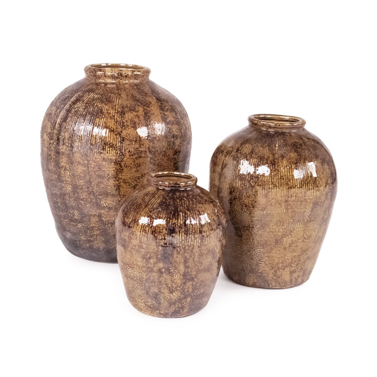 Semi-Glazed Brown Ceramic Decorative Table Urn Vase