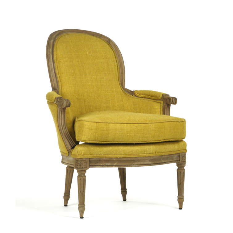Dry Natural Finish Yellow Raw Silk Recessed Arm Accent Chair
