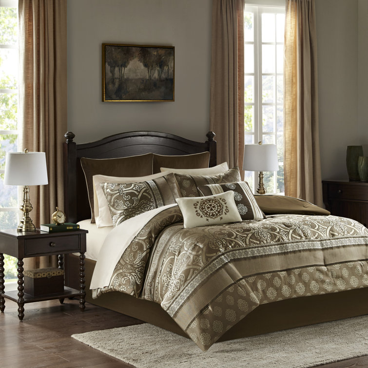 Queen Brown Microfiber Jacquard Reversible Bedding Set