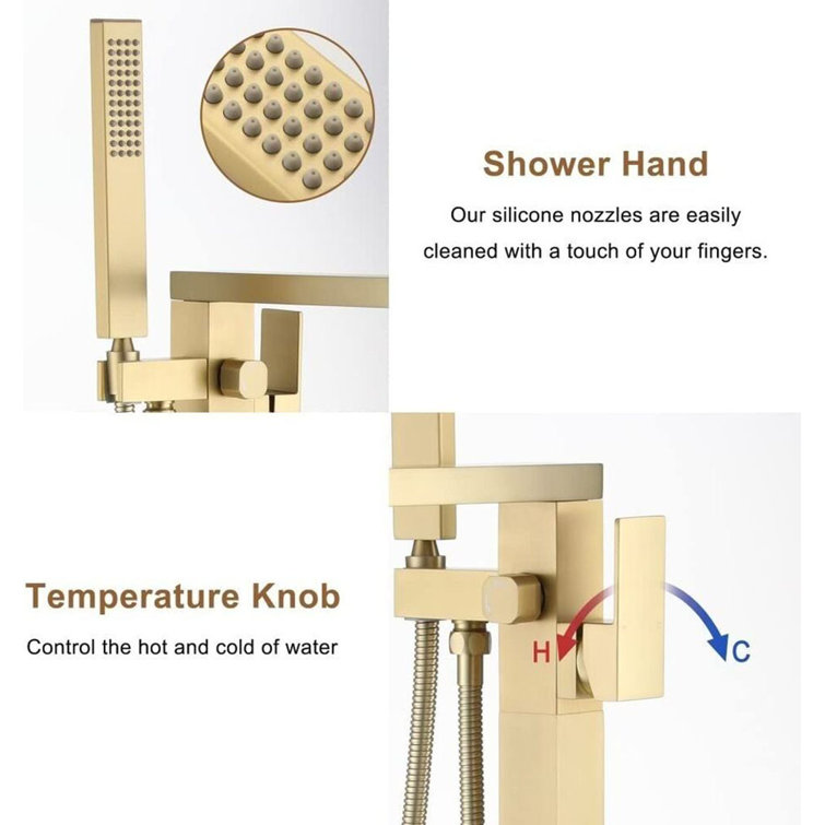 Brushed Gold Freestanding Waterfall Tub Faucet with Hand Shower